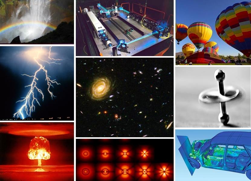 Physics: Rainbow, Lightning, Atomic Bomb, Laser Light, Galaxies, Electrons, Hot Air Balloons, Spinning Top, Car Crash Simulation