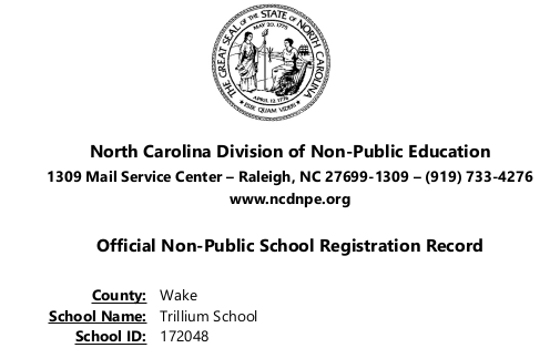 Trillium School Official Non-Public School Registration Record